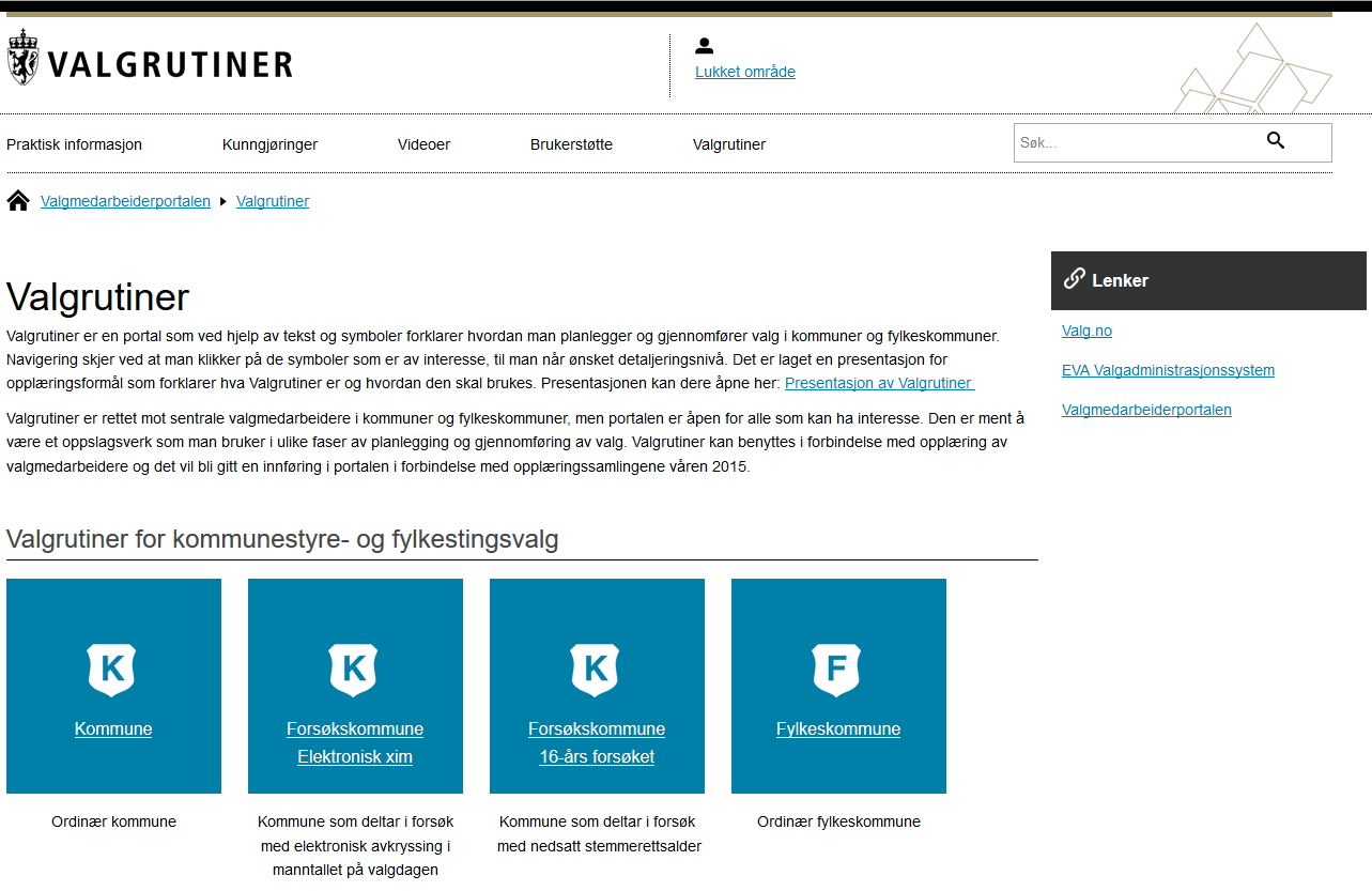 Figur 4-4: Skjermbilde fra Valgrutinene, 2015 4.2.4 Annen kommunikasjon Gjennom arbeidet med valggjennomføringen har KMD et utstrakt samarbeid med enkeltkommuner.