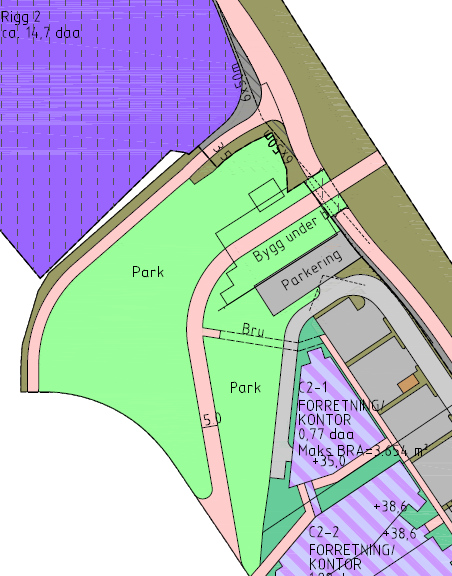 Figur 7 Utsnitt av reguleringsplan med FNE inntegnet i grønt (bygg under bakken) 2.