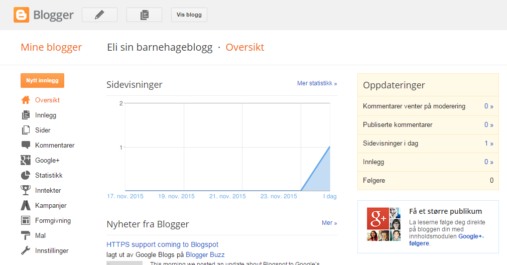 Oversikten i Blogger Her vises alle bloggene dine Herfra kan du også gjøre følgende: Poste innlegg Opprette sider Kommentere Endre lay-out Dette med mere gjøres via ikonet