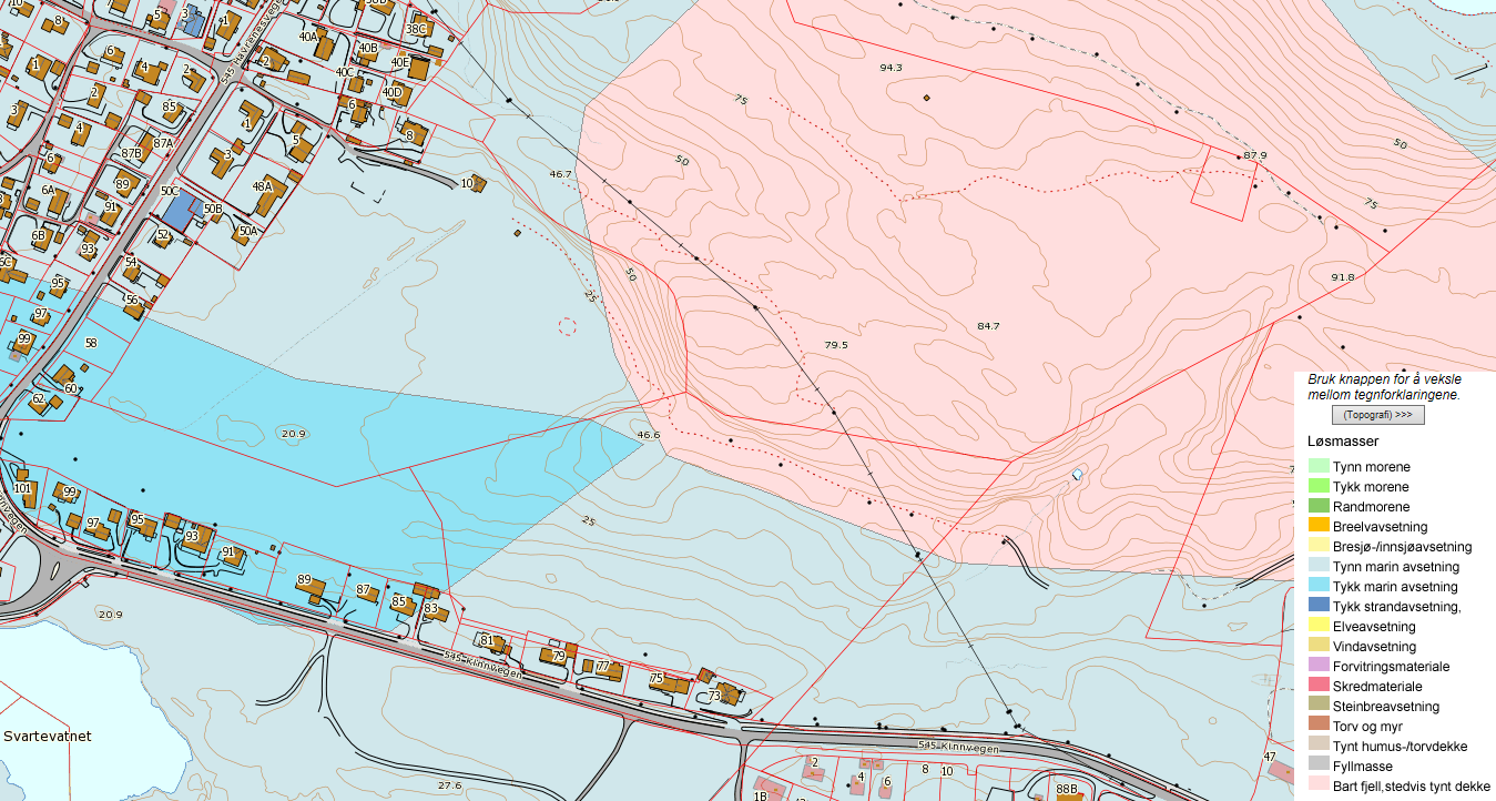 Figur 4. I tiltaksområdet er det stort sett marine avsetjingar (grå og blå farge). Det er også område med tynt dekke av lausmassar (rosa farge).