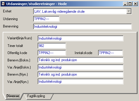 Eksempel Vg2 innen yrkesfag Kan også ta dette opp i listeform. Registrering og rutiner Feltet Benevn.(Bokm.) eller Benevn.(Nyn.