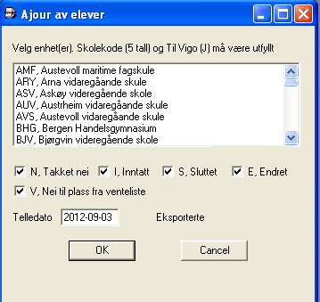 1. Inntatte elever Utvalg på Ajourholdskode = I Disse skal ligge i en ordinær basisgruppe og ha dato i feltet Startet utdanning = (utfylt) alt. 2012-08-19.