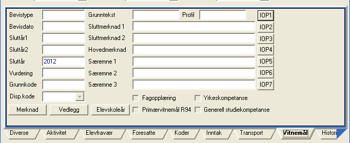 Registrering og rutiner Koples til den enkelte elevs kompetansebevis eller vitnemål via Register Elev fliken Vitnemål knappen Merknad.