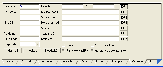 Variabel Feltnavn Definisjon Gyldige koder VMM-merknad Merknad (på vitnemålsfliken) Vitnemålsmerknadsteksten Gyldig tekst er gitt av Utdanningsdirektoratet gjennom Grep.