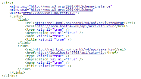Eksempelet viser at denne arkivkjernen støtter arkivstruktur (http://rel.kxml.no/noark5/v4/api/arkivstruktur) og sakarkiv (http://rel.kxml.no/noark5/v4/api/sakarkiv).