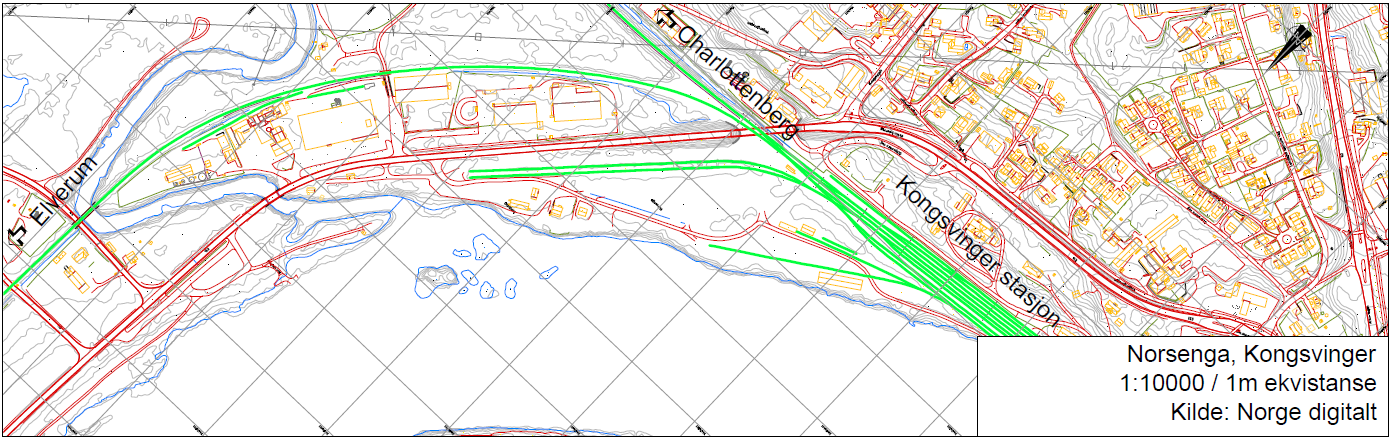 3.2 Alternativ 2 Norsenga Tømmerterminalen på Norsenga ligger i tilknytning til Kongsvinger stasjon. Kongsvinger kommune ønsker å se på muligheter for å flytte tømmerterminalen ut av sentrum.