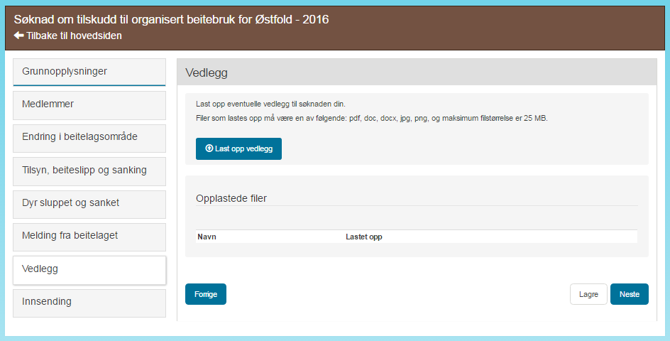 VEDLEGG Her er man inne på siden for å laste opp vedlegg.