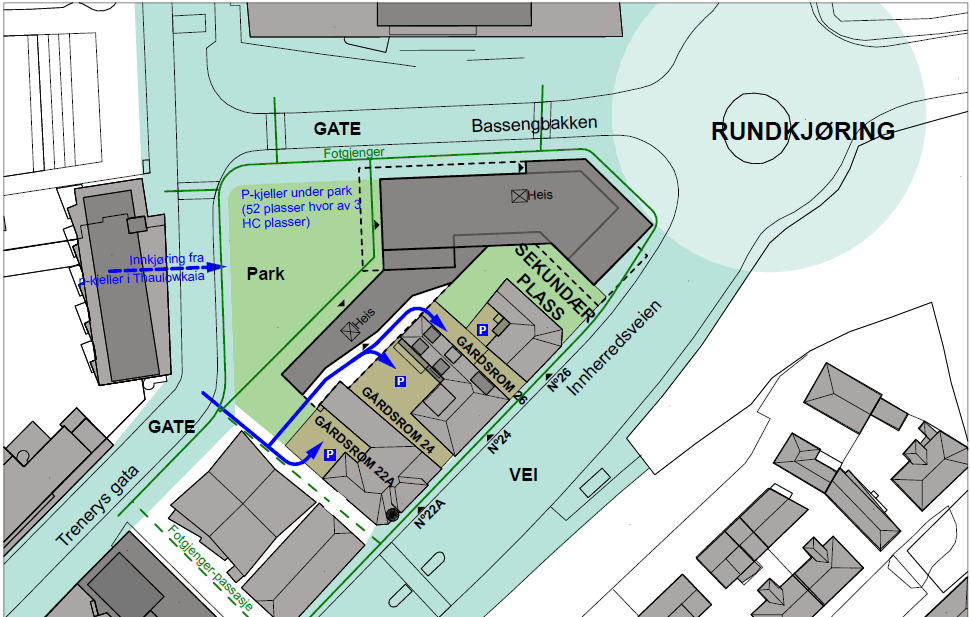 Figur 4: Planlagt adkomst og parkering Eksisterende bebyggelse, formål Bolig/forretning FB Eksisterende bebyggelse omfatter murbygningen Innherredsveien 22A, og trehusene Innherredsveien 24 og 26.