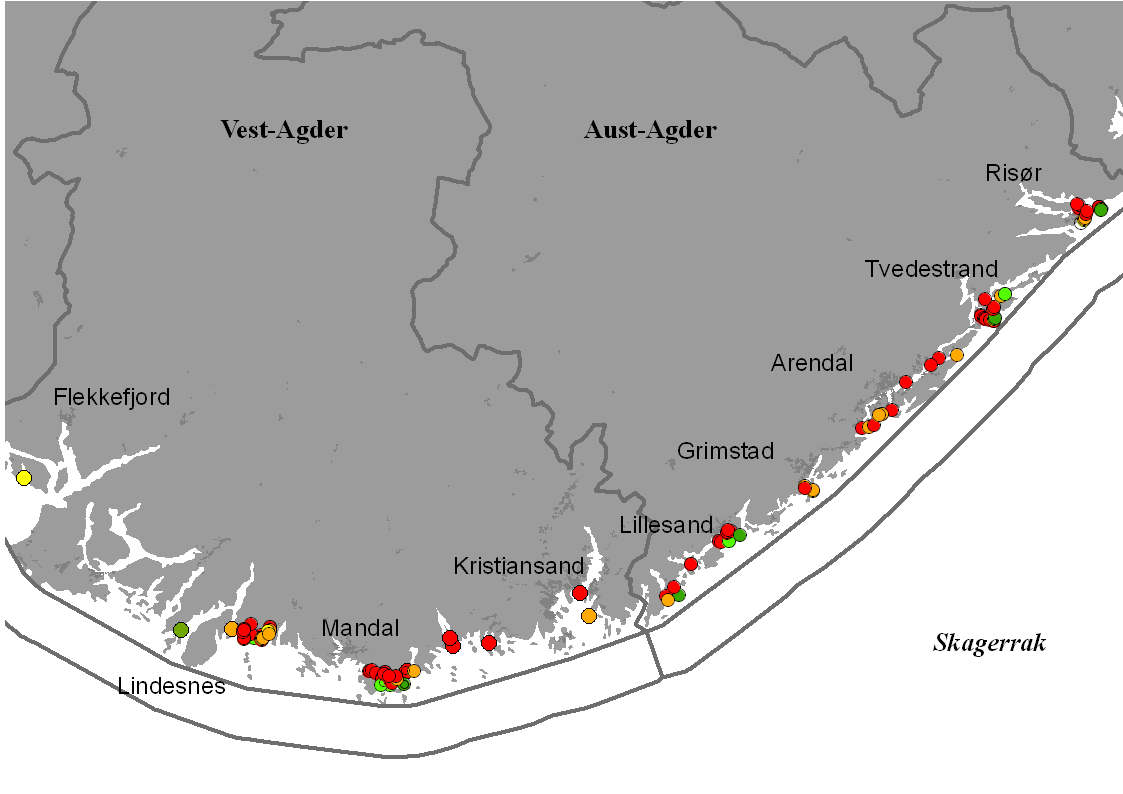 3.2 Sørlandet Fylke: Vest- og Aust-Agder. Vannregion: Sør-Vest Figur 3.2 Kart over undersøkte sukkertarestasjoner i Agder (25-28).