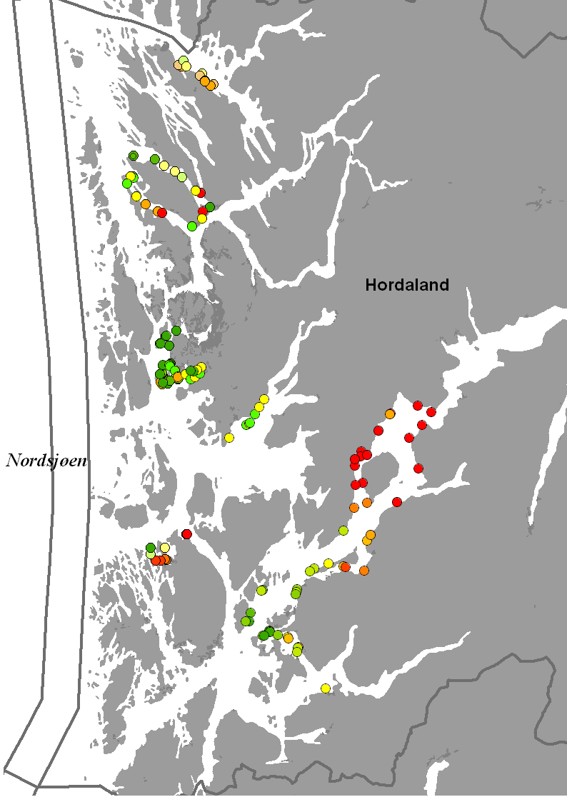 3.4 Vestlandet Fylke: Hordaland. Vannregion: Vestlandet Tilstanden for sukkertare i Hordaland varierer fra god til dårlig i alle de undersøkte områder.