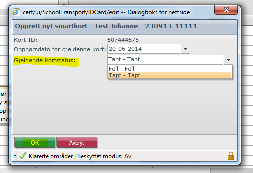 1. MISTET kort Dersom eleven har mistet t:kort skole velges «NY» i «Opplysninger om busskort» Og eleven vil da få produsert nytt t:kort skole fra AtB ved neste eksport.
