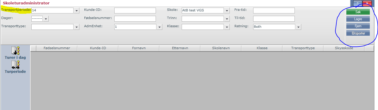 Skoleturadministrasjon. Her kan dere søke opp elevene slik at dere kan få se hvordan deres skyss er planlagt fra AtB, når det gjelder om de skal benytte buss eller drosje.