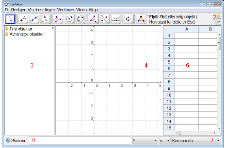 1. Graftegner - GeoGebra 1.1 Introduksjon GeoGebra 1. Verktøylinja: Hvert ikon har en trekant i nederste høyre hjørne. Ved å klikke på denne trekanten får du fram flere verktøyer. 2.