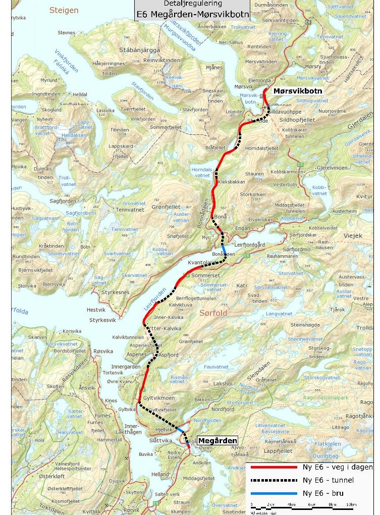 Forventet oppstart 2018-2021 E6 Sørfoldtunnelene Ny E6 med lengde ca 45 km 10 ny tunneler med samlet lengde ca 23 km inngår 1 hengebru med lengde 815 m 4 større bruer med lengde