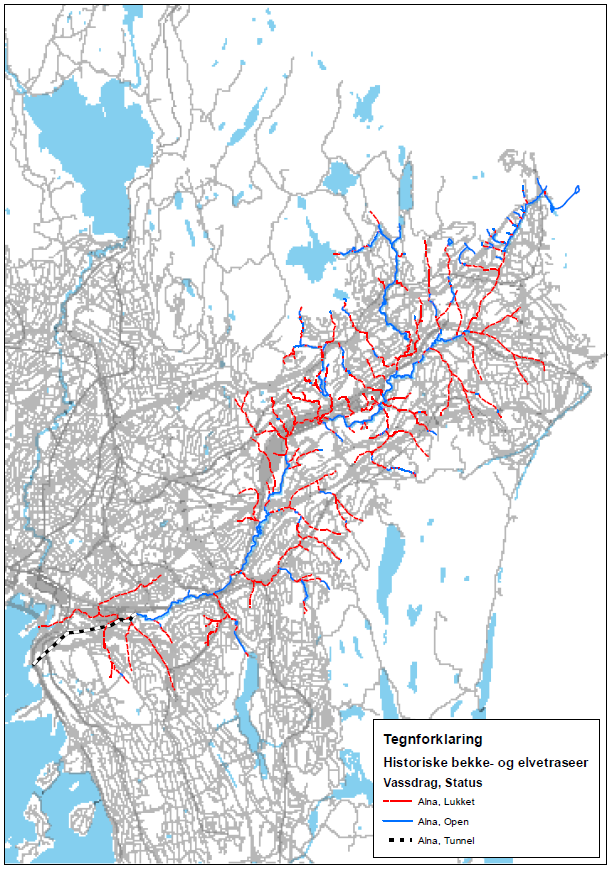 Figur 3.5 Historiske bekke- og elvetraséer i Alna. Kilde: Oslo Elveforum.