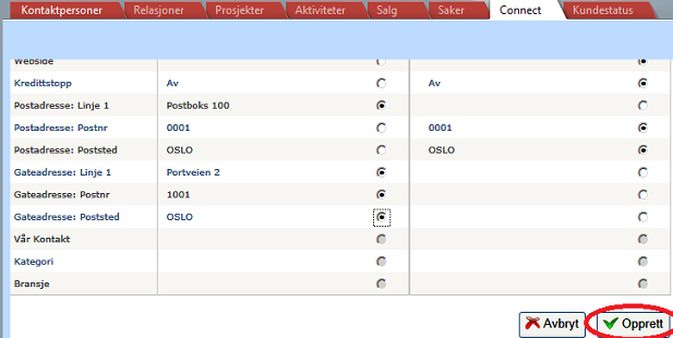 9. Du får da opp to kolonner med data fra både SO og Visma. Her kan du velge hvilke felt som skal vinne om det er avvik fra de to systemene. Velg radio knappen på den siden du ønsker skal bli stående.