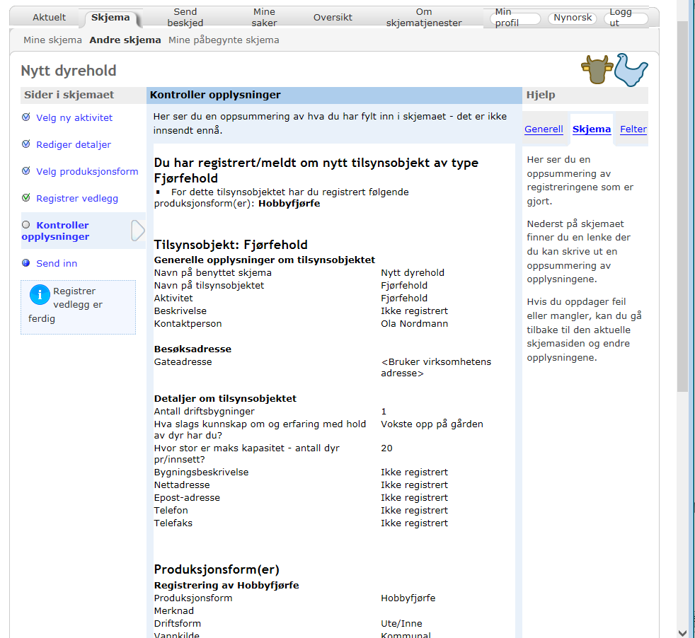 13. Du får opp alle registrerte opplysninger til egen kontroll.