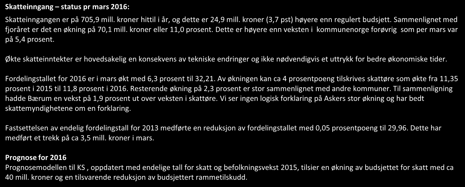 SKATTEINNGANG 2016 - ASKER KOMMUNE Måned Regnskap Budsjett Avvik Sum måned %-økn. Sum %-økn. forrige år fra f.år 1 000kr fra f.år Jan.