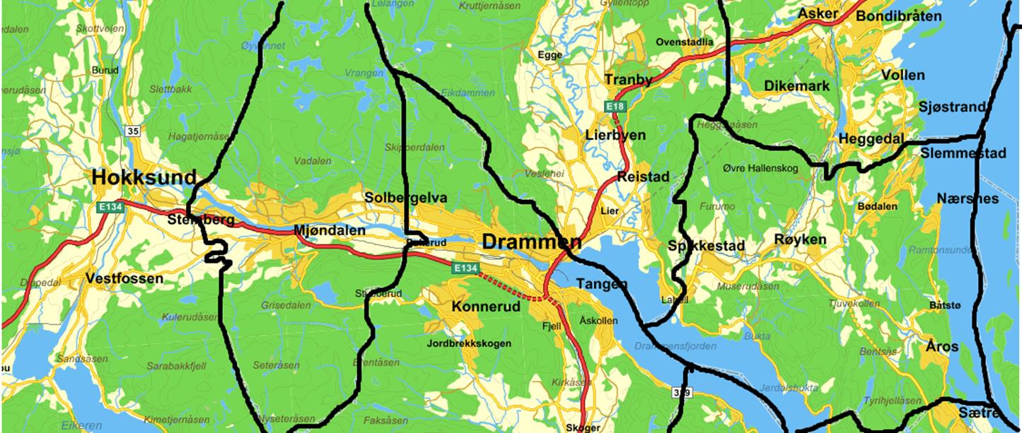 Flerkommunale regionbyer: Moss, Hamar, Drammen, Tønsberg, Kristiansand, Haugesund, Ålesund Øvre Eiker Lier Nedre Eiker