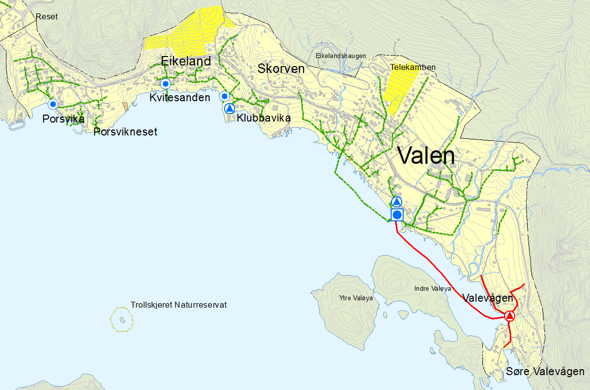 8.2.16 Reinsedistrikt 16 Valen Valen reinsedistrikt omfattar det tettbygde området mellom Porsvik og Søre Valevåg. Det er fire kommunale utslepp til sjø, og alle er reinsa.
