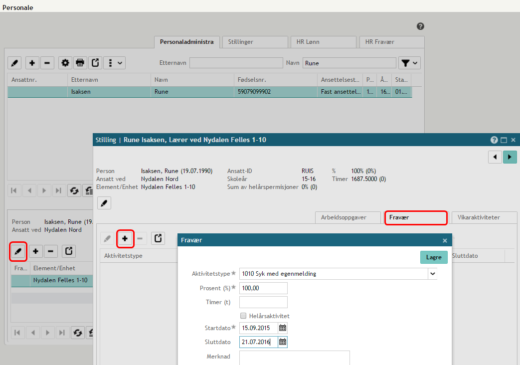 Fravær ansatt Det er foreløpig en mulighet for å registrere fravær manuelt for ansatt for å kunne klargjøre for overføring til eksternt lønns- og personalsystem.