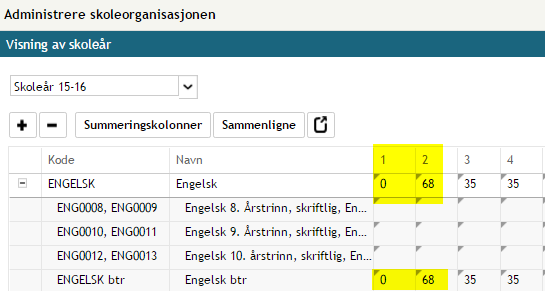 Når et timetall for et fellesfag er lagret (rød hake i feltet har blitt grå) tildeles det automatisk til alle elevene på årstrinnet.