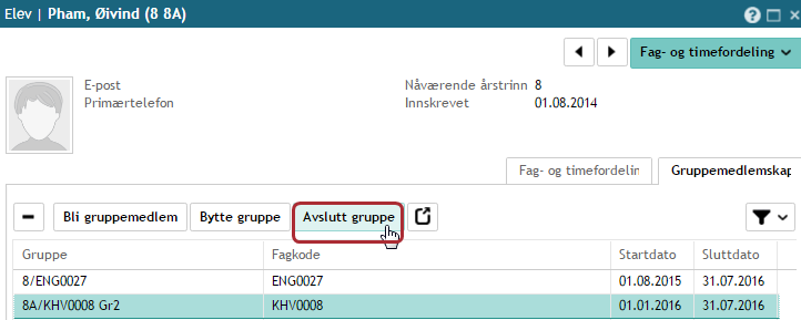 Bytte undervisningsgruppe i samme fag Gå til Administrasjon Elever - elevens Fag og timefordeling og fane Gruppemedlemskap. Klikk på knappen «Bytte gruppe».