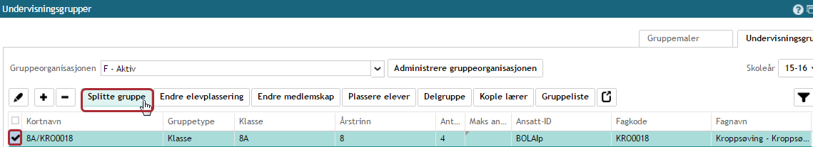Dele undervisningsgruppe Du kan bruke funksjonen «Splitte gruppe» hvis du ønsker å lage en lik undervisningsgruppe som du har fra før. Gå til Administrasjon Skoleorganisasjon Undervisningsgrupper.