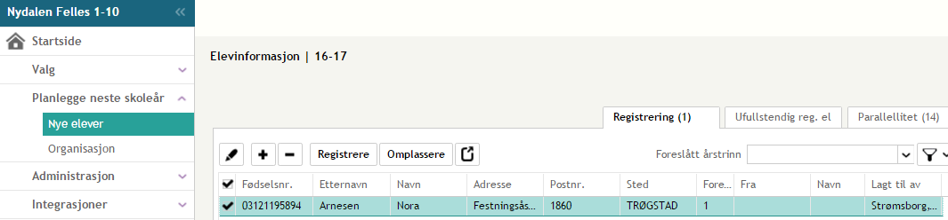 Registrering av nye elever til 1.trinn (Sentraladministrator) I programmet er det en funksjon for å knytte Grunnkretser til hver av skolene.