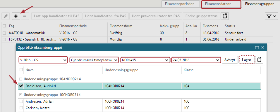 2. Gå til fanen «Eksamensdatoer». Hvis Eksamensdatoer for aktuell eksamensperiode og fag ikke finnes her legger du til ved å klikke på Prøvedata fra PAS (samme vindu som vist ovenfor) 3.