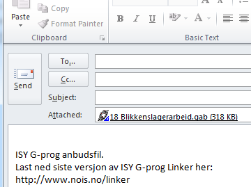 Velg knappen "Send anbudsfil som e-post". Du får da opp denne dialogen: Programmer lager en standard e-post med anbudsfilen (.gab) vedlagt samt link til hvor ISY G- prog Linker kan lastes ned.