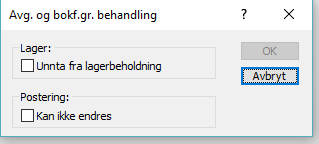 Avg og bokføringsbegrensninger : Velger om man skal låse lagerstyringen Unnta fra lagerbeholdning setter produktet automatisk til unntas lagerhåndtering Om