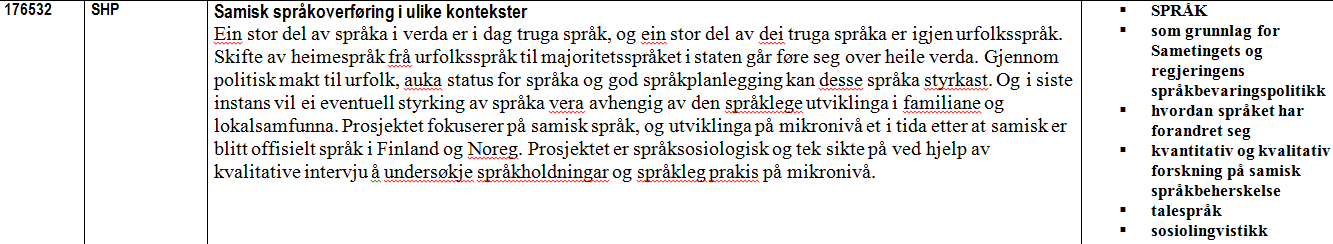 Eksempel - Språk Forskning på hvordan språket har forandret seg; kvantitativ og kvalitativ forskning på samisk språkbeherskelse; talespråk;