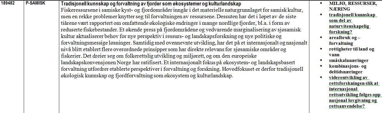 Eksempel Miljø, ressurser, næring Forskning på tradisjonell kunnskap som del av naturvitenskapelig forskning; arealbruk og forvaltning; rettigheter til land og vann; småskalanæringer; kombinasjons-