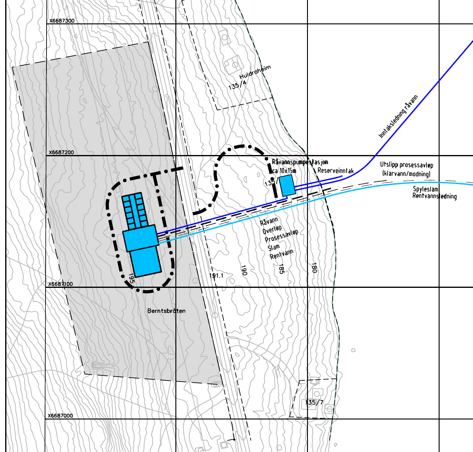 Figur 7 - Grov situasjonsplan for plassering av vannbehandlingsanlegget vest for FV120 med råvannspumpestasjonen ved Hurdalssjøen 4.3.