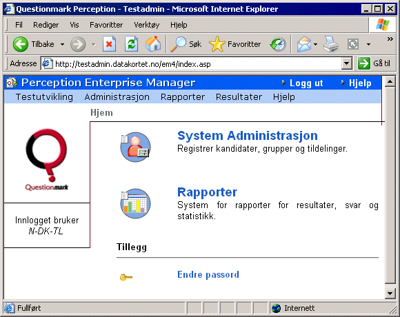 2.1 Navigering For å navigere seg rundt i testsystemet anbefales det å bruke de menyvalgene som kommer fram i nettleseren og eventuelle linker som kommer opp i det aktive vinduet.