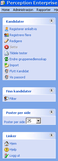 3.1 Tilgjengelige funksjoner i Kandidat siden Etter man har kommet inn på siden som viser alle kandidater ved sitt testsenter, har man mange muligheter på venstresiden i menyen.