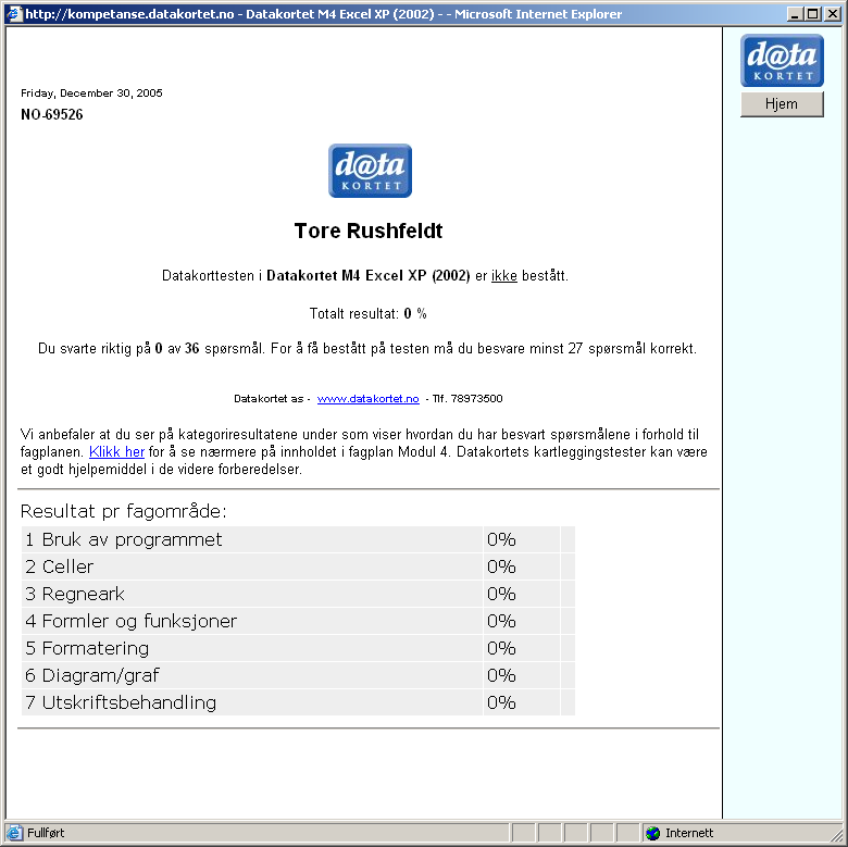 1.6 Resultatsiden Resultatet av testen presenteres slik: 1.7 Skriv ut resultatet Bruk Ctrl + P for å skrive ut resultatsiden. For å gå tilbake til hovedmenyen trykker du Hjem 1.