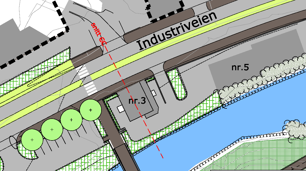 Figur 20. Utforming av området rundt Industriveien nr. 3 og 5 Mellom Industriveien og Sandvikselva ligger tre bygg. Alle bygningene vil bli berørt av gatens utvidelse.