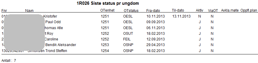 1A007 OT-status pr OTenhet og alder Her vil man få en oversikt over aldersfordelingen på angitt tidspunkt.