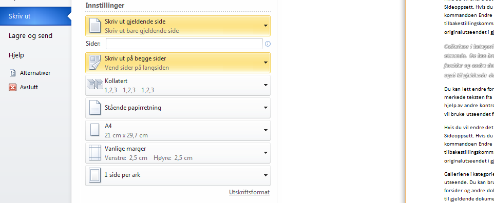 Tillegg: Skrive ut Fil-menyen Skriv ut; her finner du også forhåndsvisning Skrive ut gjeldende side Skrive ut hele