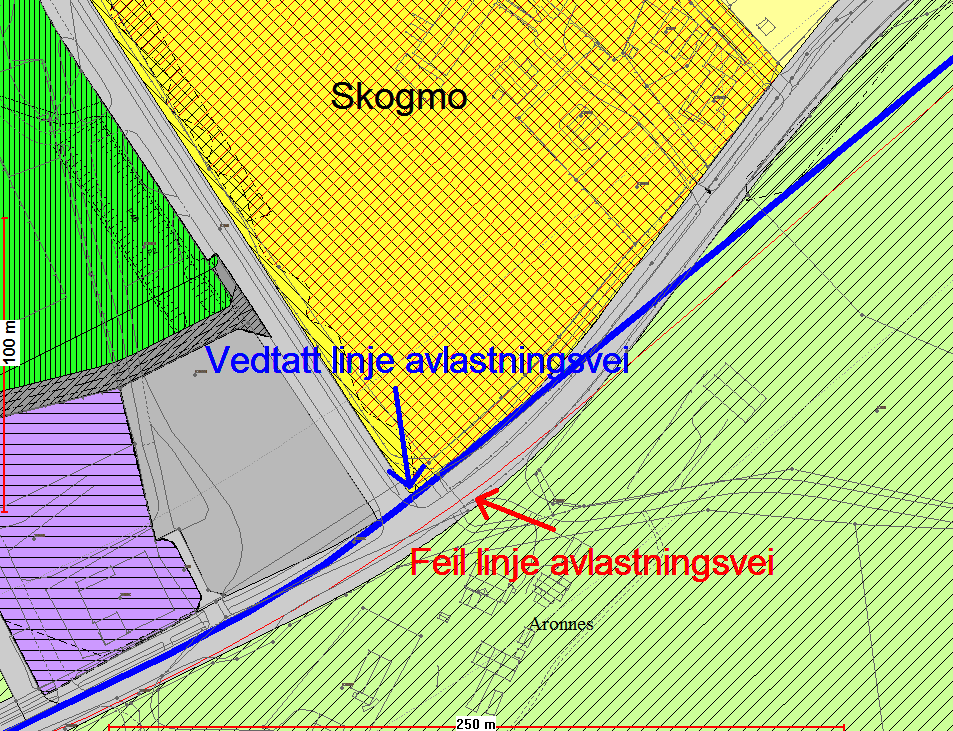 Figur 2: Viser vedtatt linje for fremtidig avlastningsvei i blått og feil linje lagt inn kommunedel- og kommuneplanbasen i rødt.