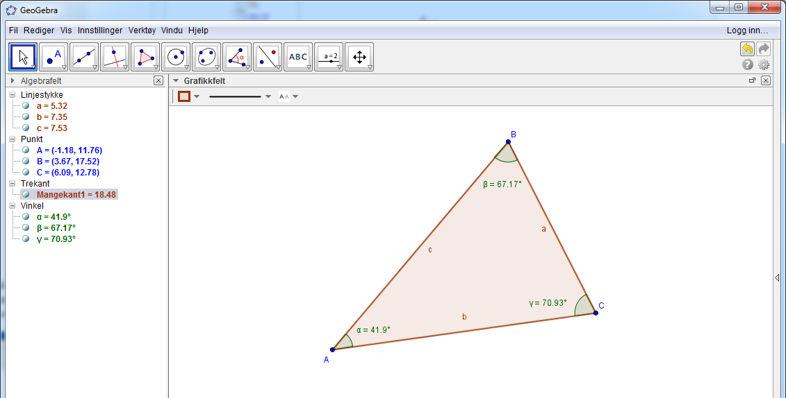 Det gjøres ved å klikke på knappen under. Nå du deretter skal måle f. eks vinkel A klikker du først på siden AC og deretter på siden AB.