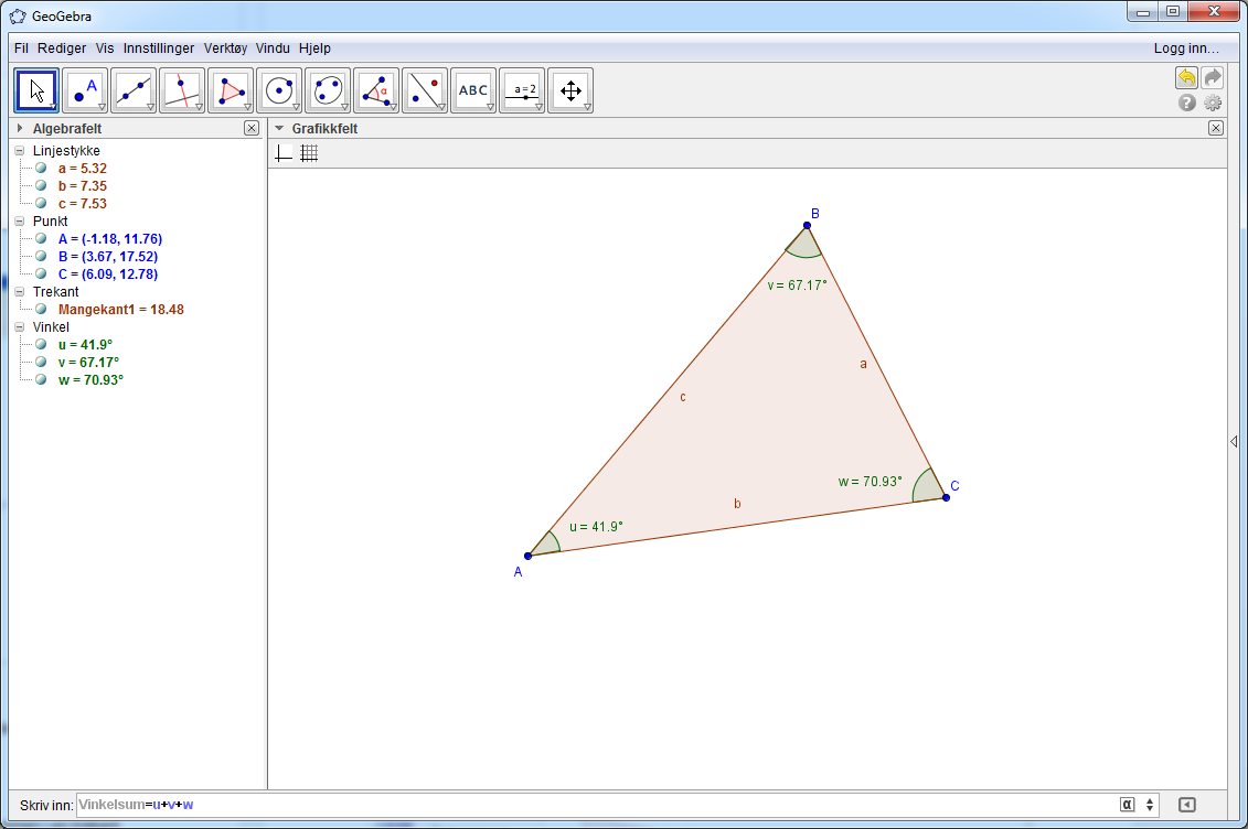 Det er ikke viktig at det står vinkelsum. Dette er bare et navn på summen. Du kan gjerne kalle denne for noe annet også. Du vil da få opp vinkelsummen i algebrafeltet.