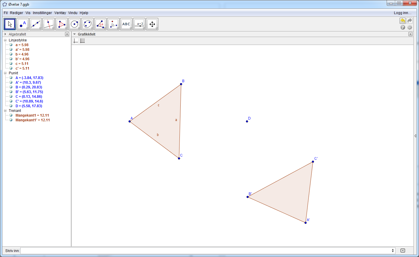 Oppgave 1. Prøv å flytt på punktene A, B og C i den opprinnelige trekanten. Hva skjer med de roterte figurene? Prøv å lage noen fine figurer ved å flytte på A, B og C. 2.