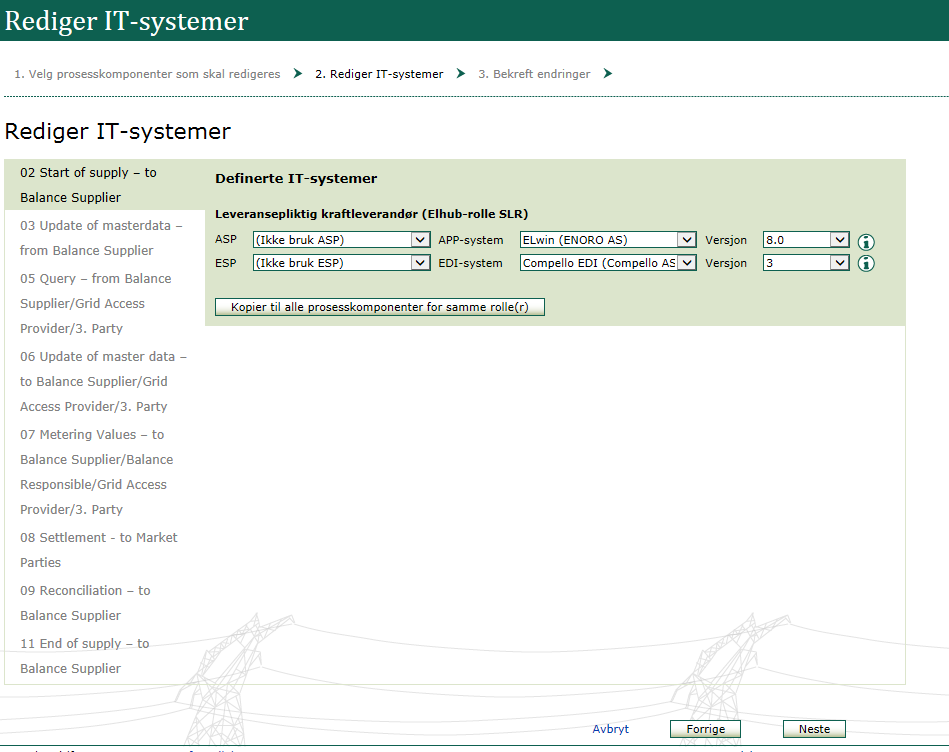 b. Velg IT-systemkombinasjon som skal benyttes for hver prosesskomponent. APPsystem er ditt KIS-system/fagsystemet du jobber i, mens EDI-system er systemet som benyttes for å sende meldingene.