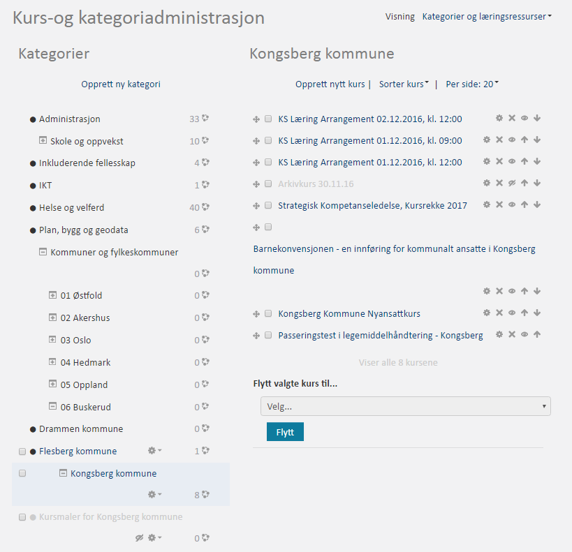 Administrere kurs som er produsert i egen kommune Finn din kommune fra toppmenyen. I venstremeny Administrasjon, velg Administrer denne kategorien.