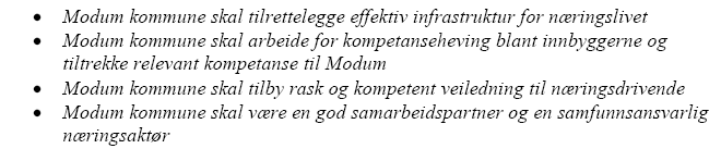 Sak 2/10 Videre har man utarbeidet 4 strategier for kommunens arbeid for bedre næringsutvikling i Modum: Vurdering: Modum kommune har laget en helhetlig og god