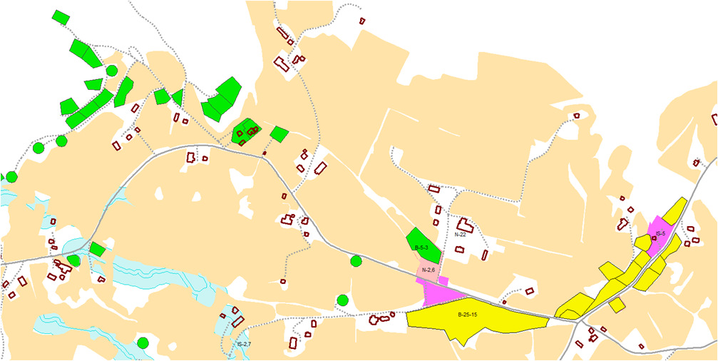 Fig. 6: LNF-spreidd: Volbu er i hovudsak eit landbruksmiljø. Byggeområde: Eit område frå Volbu kyrkje og austover langs kv.