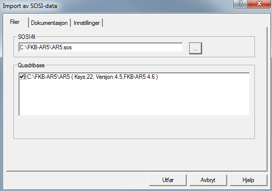 Importer deretter AR5 fra SOSI-fil til den nye og tomme